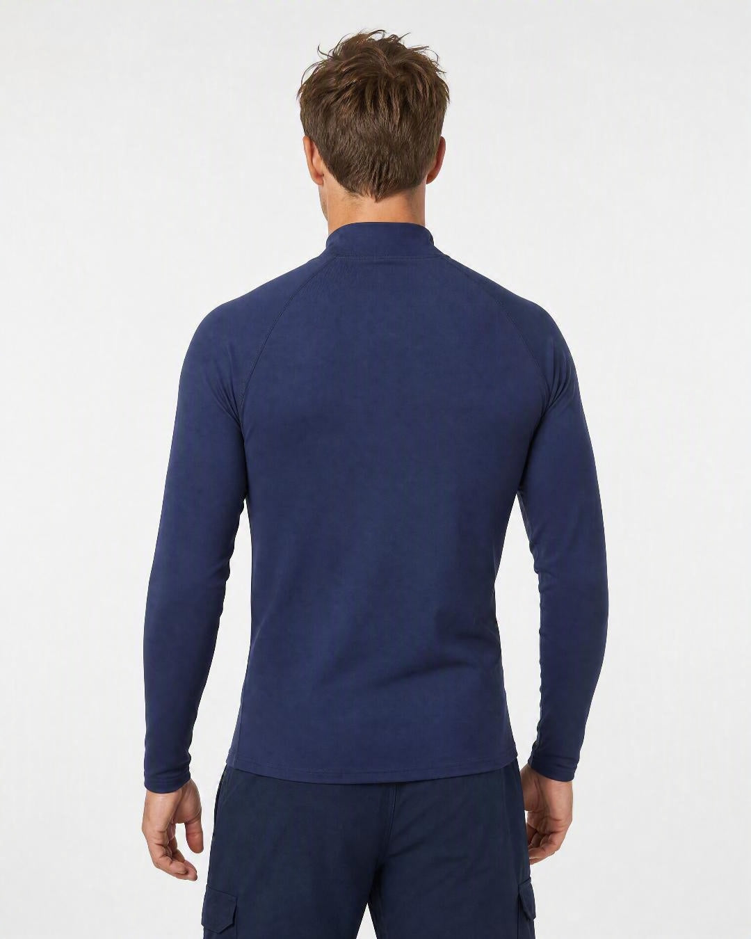 Back of Man Wearing Long Sleeve UV Rash Shirt UPF 50+ in Navy