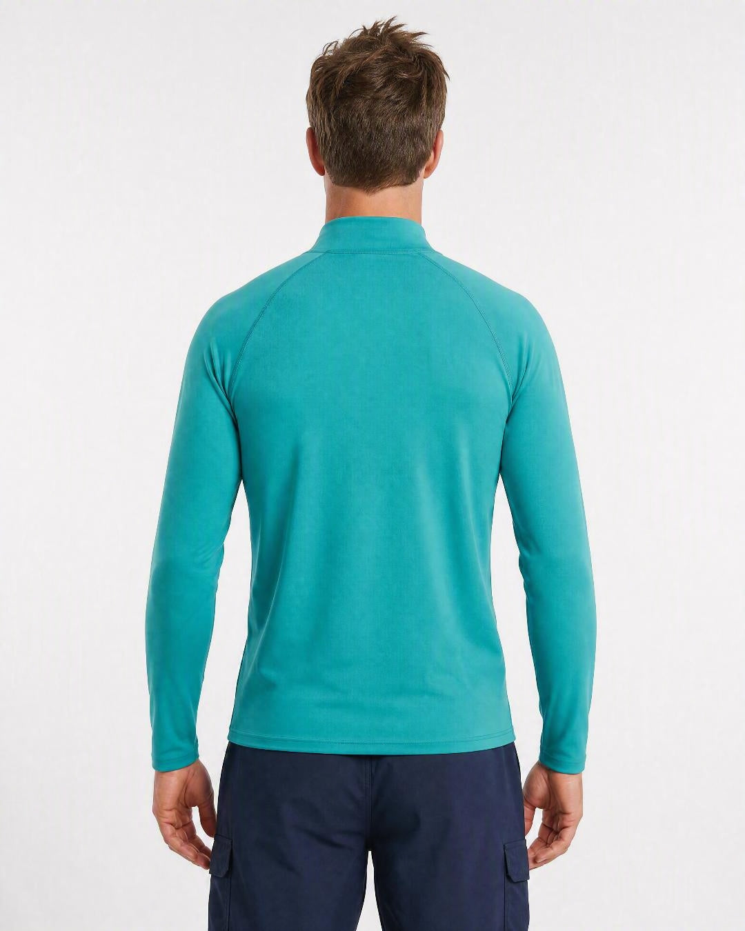 Back of Man Wearing Long Sleeve UV Rash Shirt UPF 50+ in Teal