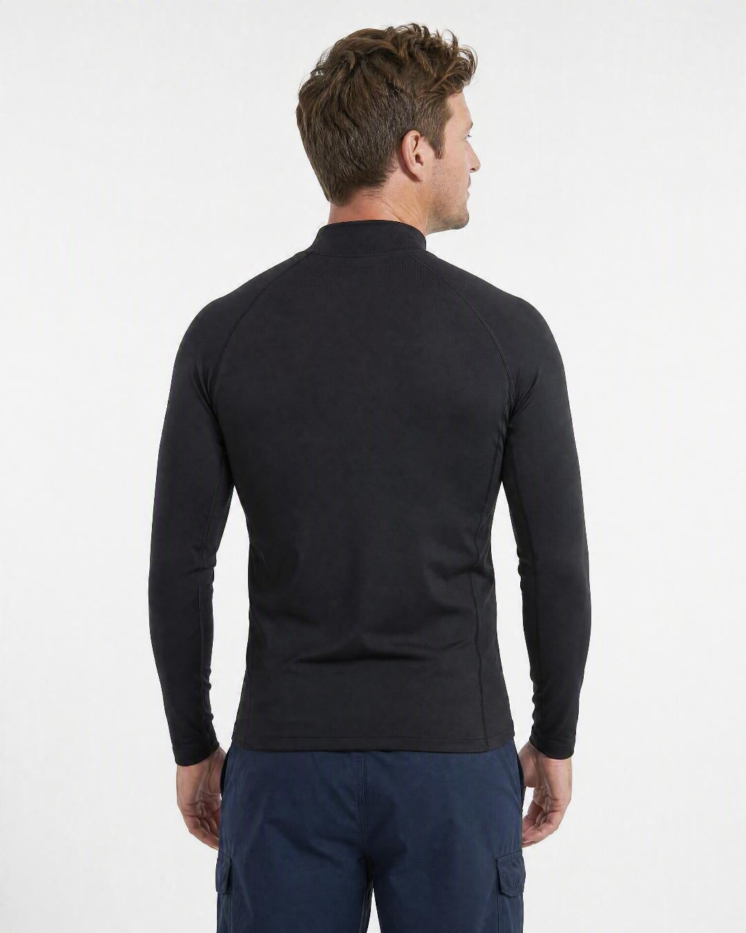 Back of Man Wearing Long Sleeve UV Swim Shirt UPF 50+ in Black