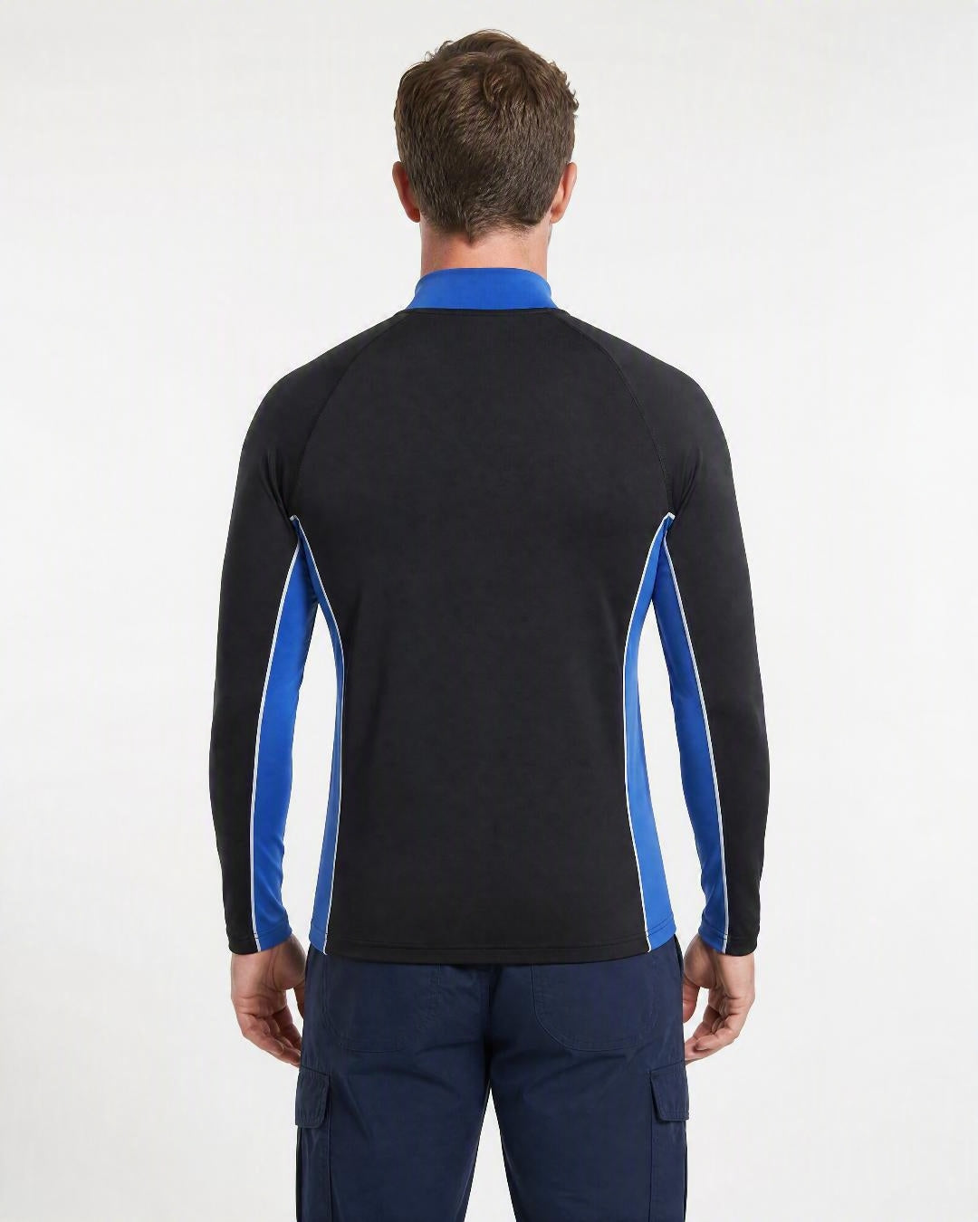 Back of Man Wearing Long Sleeve UV Swim Shirt UPF 50+ in Black Ocean Blue