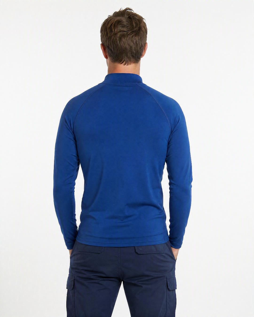 Back of Man Wearing Long Sleeve UV Swim Shirt UPF 50+ in Ocean Blue