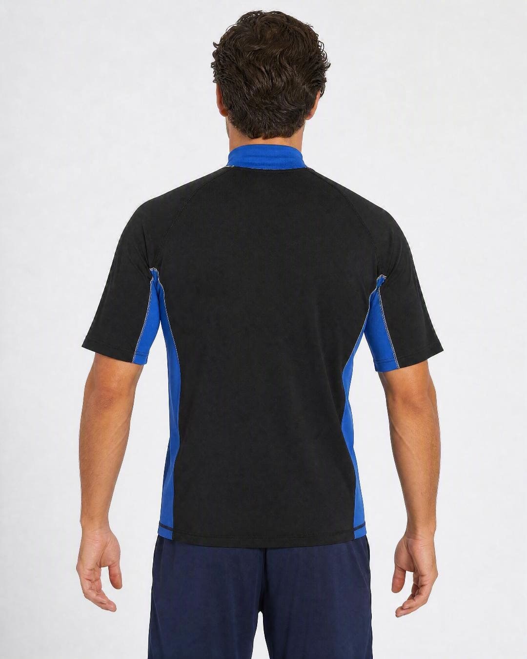 Back of Mens Black Ocean Blue White Stripe UV Rash Shirt