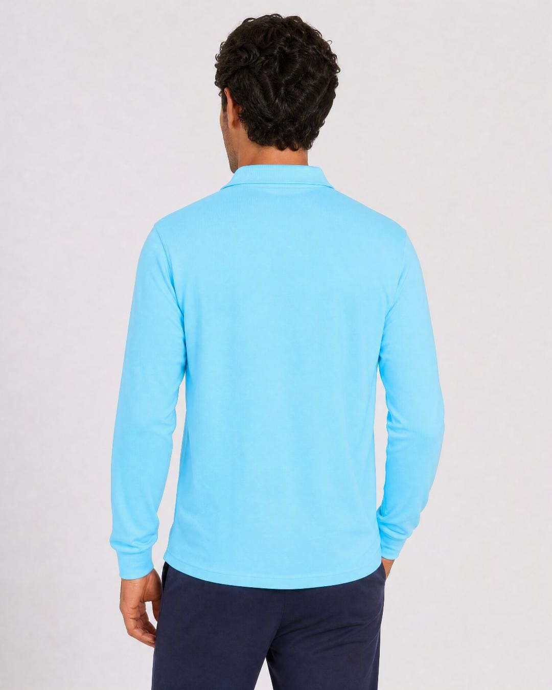 Back of Mens Long Sleeve UV Polo Shirt UPF 50+ in Ice Blue
