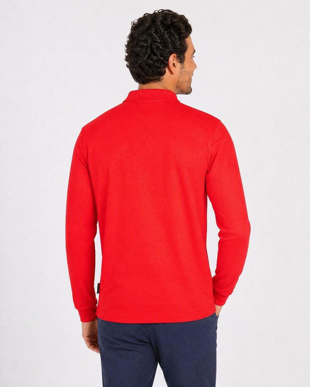 Back of Mens Long Sleeve UV Polo Shirt UPF 50+ in Red