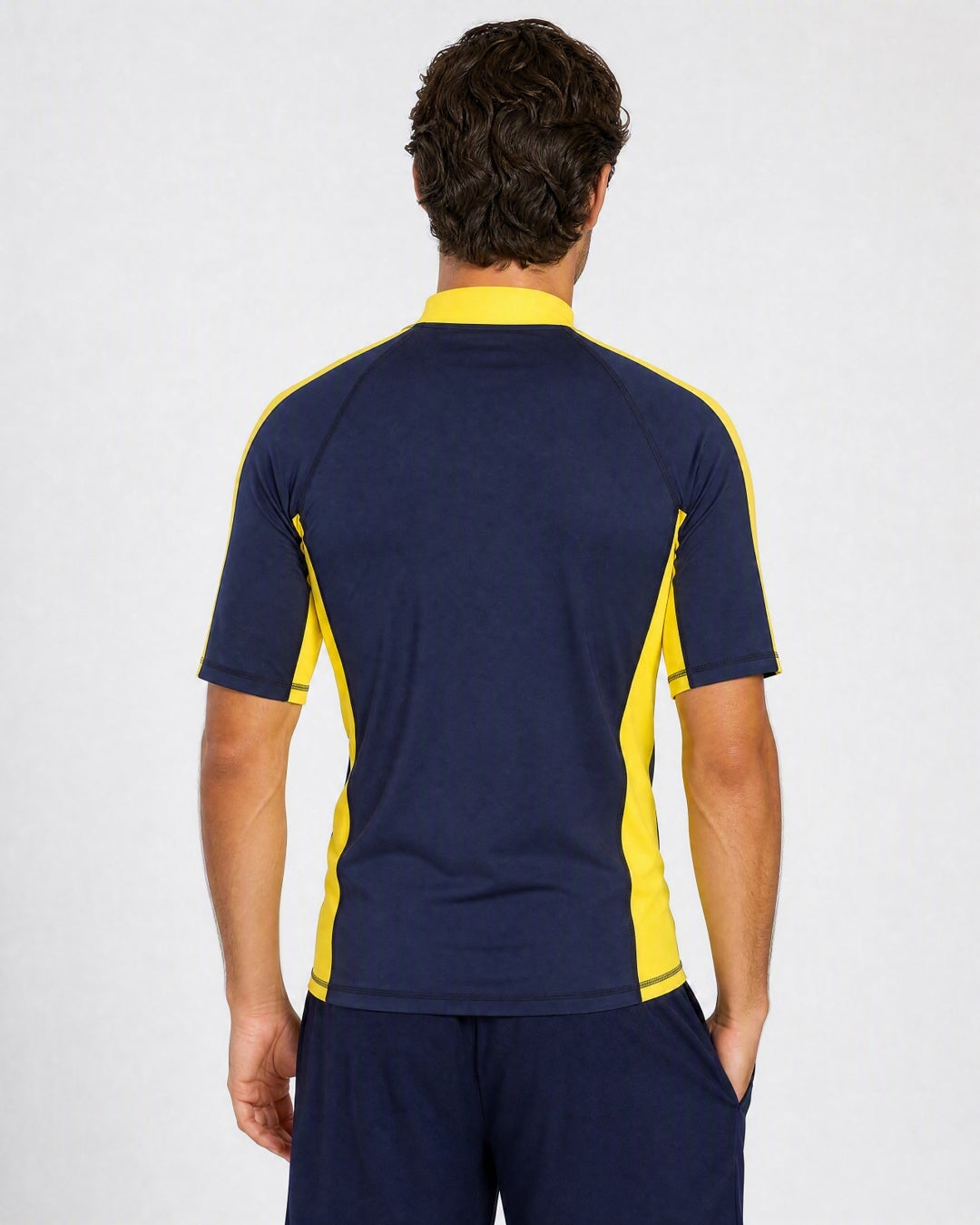 Back of Mens Navy Yellow White UV Rash Shirt