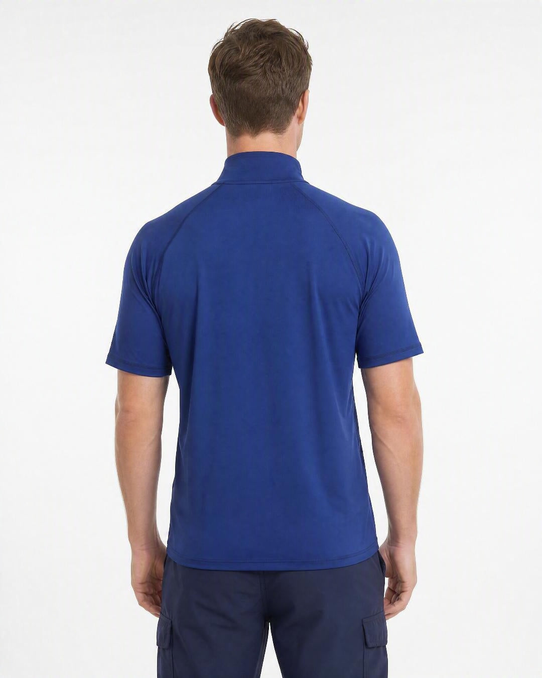 Back of Navy Mens UV zipped rash shirt UPF 50+