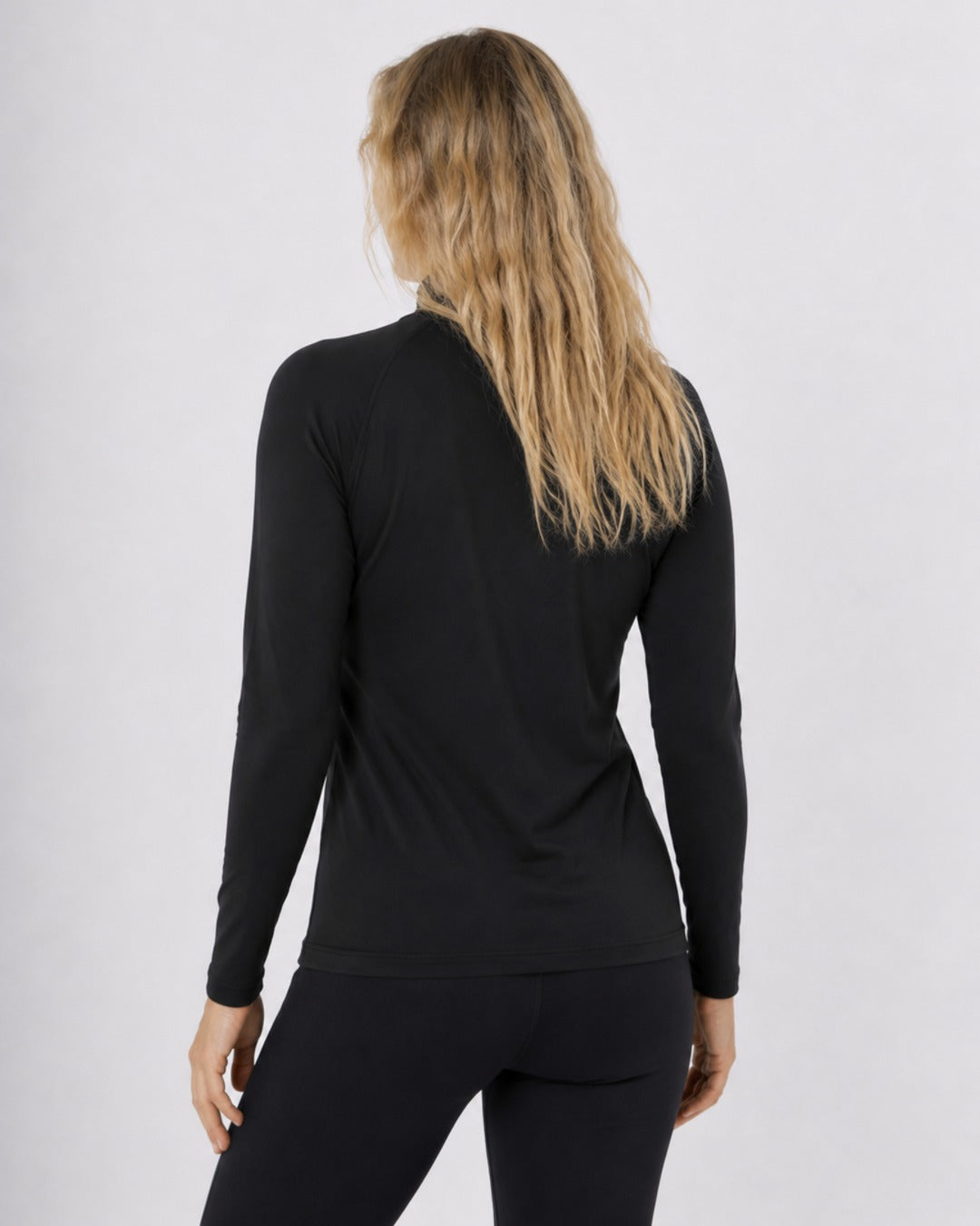 Back of Woman Wearing Long Sleeve UV Swim Shirt UPF 50+ in Black