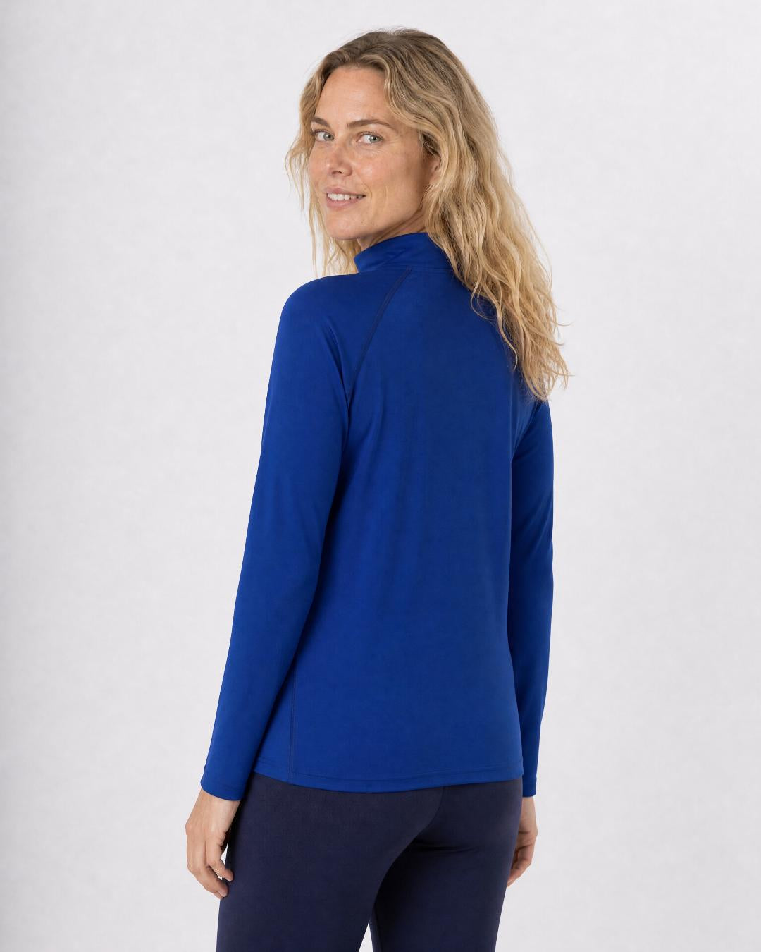 Back of Woman Wearing Long Sleeve UV Swim Shirt UPF 50+ in Ocean Blue