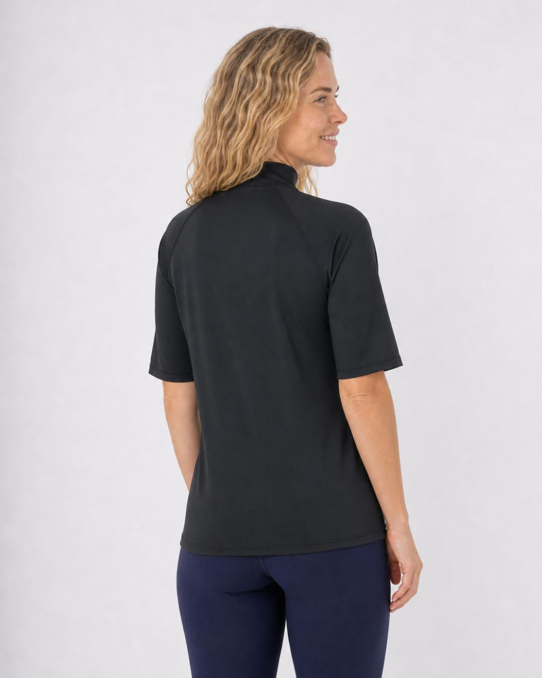 Back of Woman Wearing Short Sleeve UV Swim Shirt UPF 50+ in Black