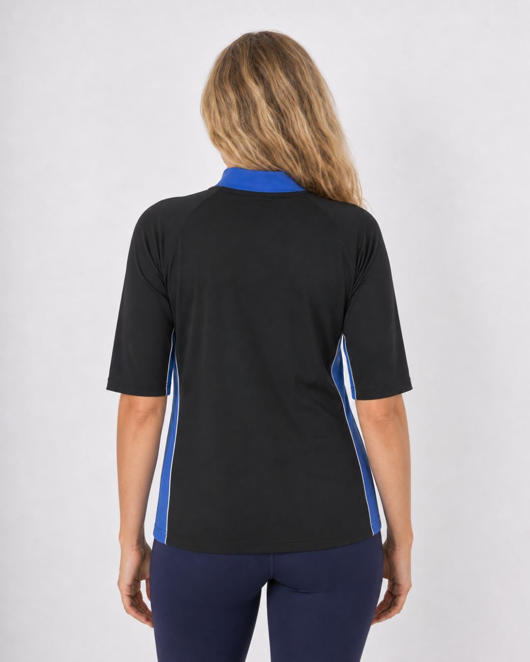 Back of Woman Wearing Short Sleeve UV Swim Shirt UPF 50+ in Black Ocean Blue