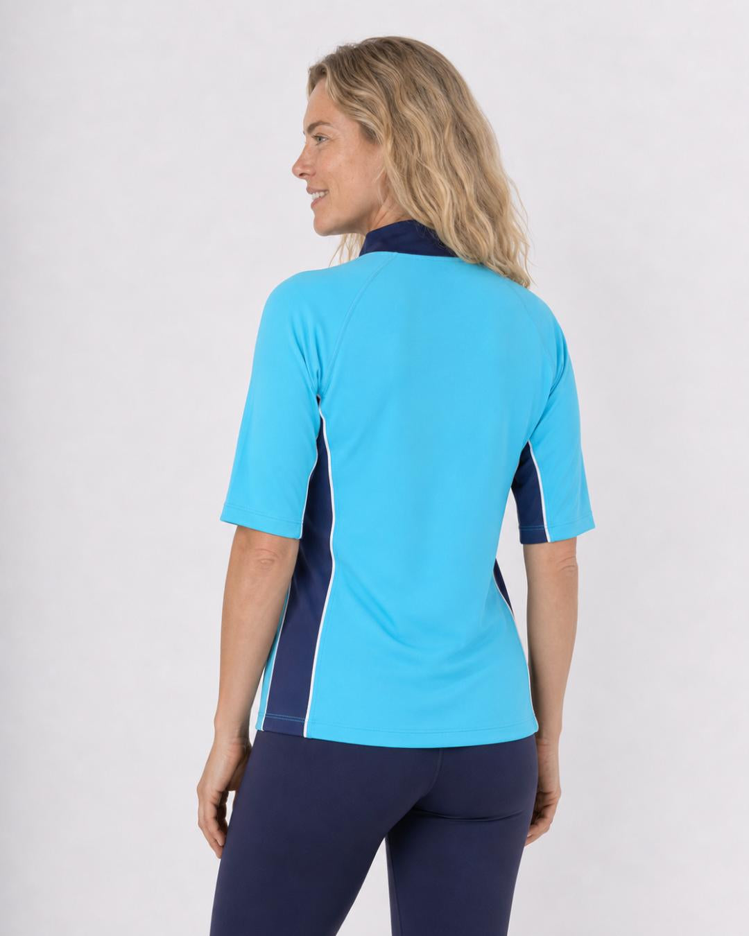 Back of Womens Azure Ocean Blue Short Sleeve UV Swim Shirt UPF 50+