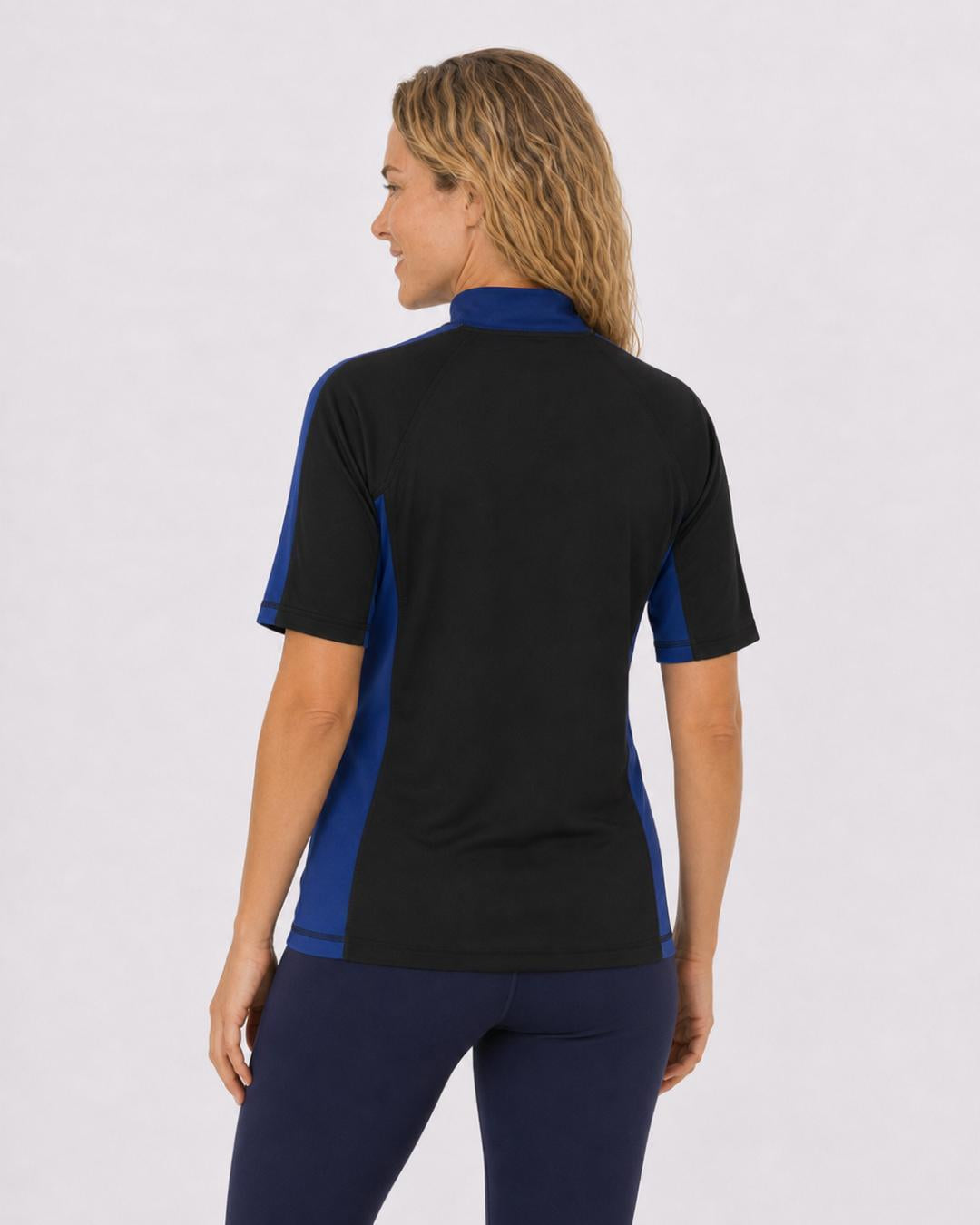 Back of Womens Black Ocean Blue White Short Sleeve UV Swim Shirt UPF 50+