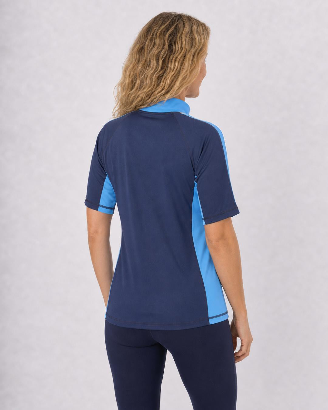 Back of Womens Navy Azure White Short Sleeve UV Swim Shirt UPF 50+