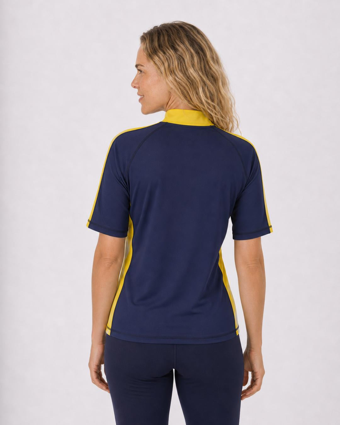 Back of Womens Navy Yellow White Short Sleeve UV Swim Shirt UPF 50+