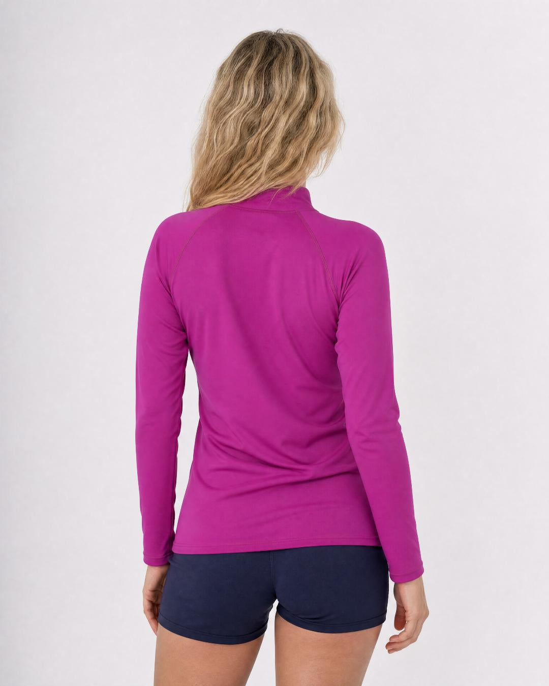 Back of Womens Purple Long Sleeve UV Swim Shirt UPF 50+