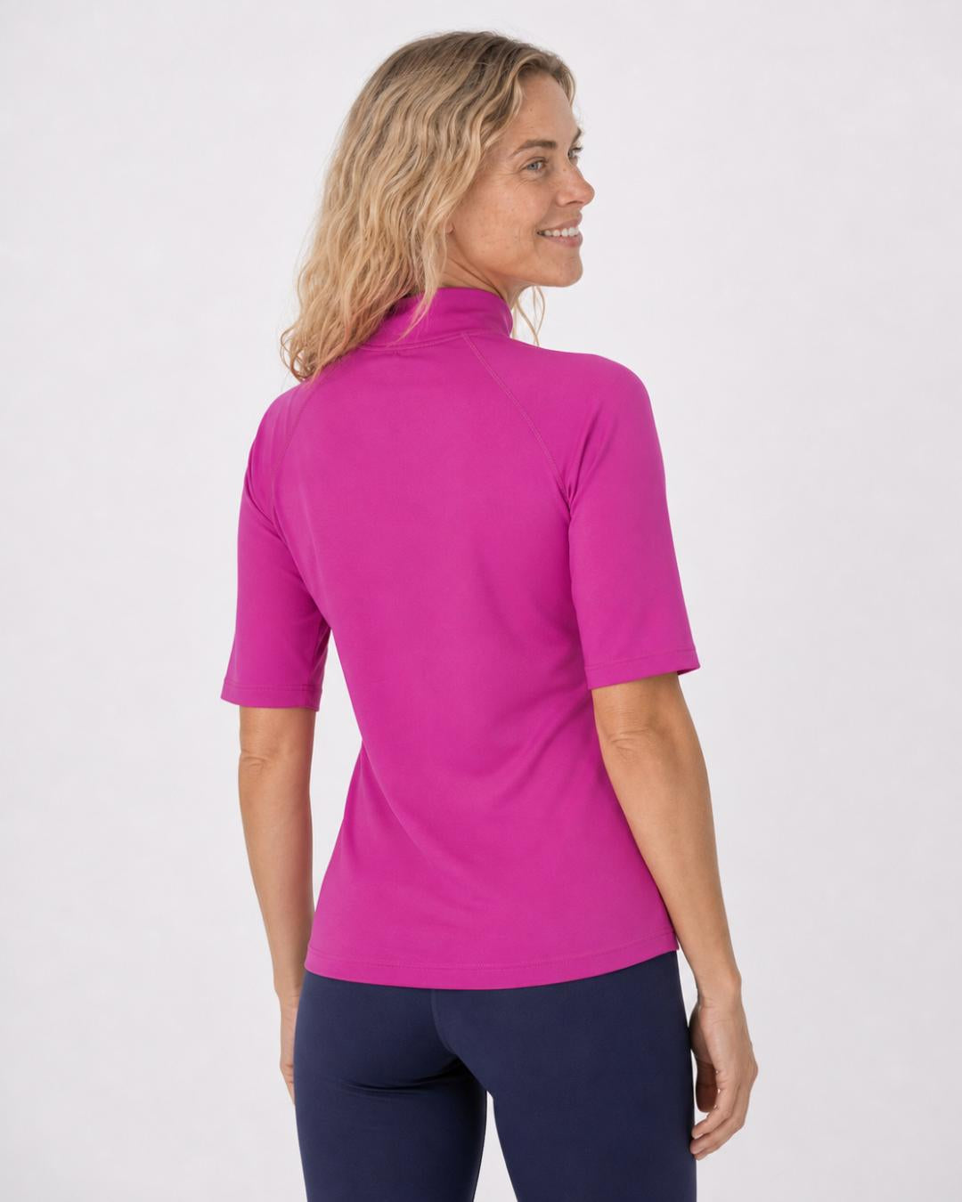 Back of Womens Purple Short Sleeve UV Swim Shirt UPF 50+
