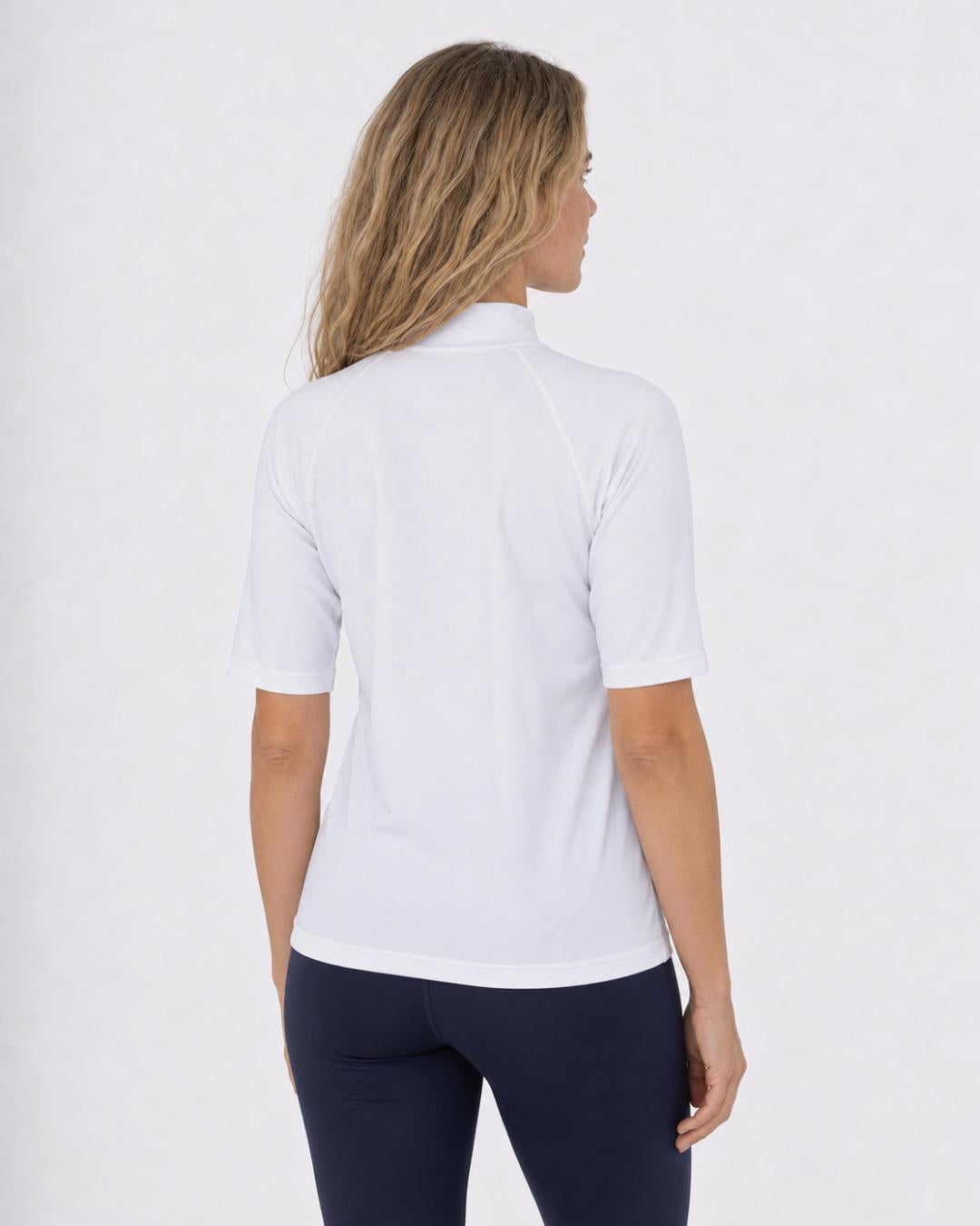 Back of Womens White Short Sleeve UV Swim Shirt UPF 50+