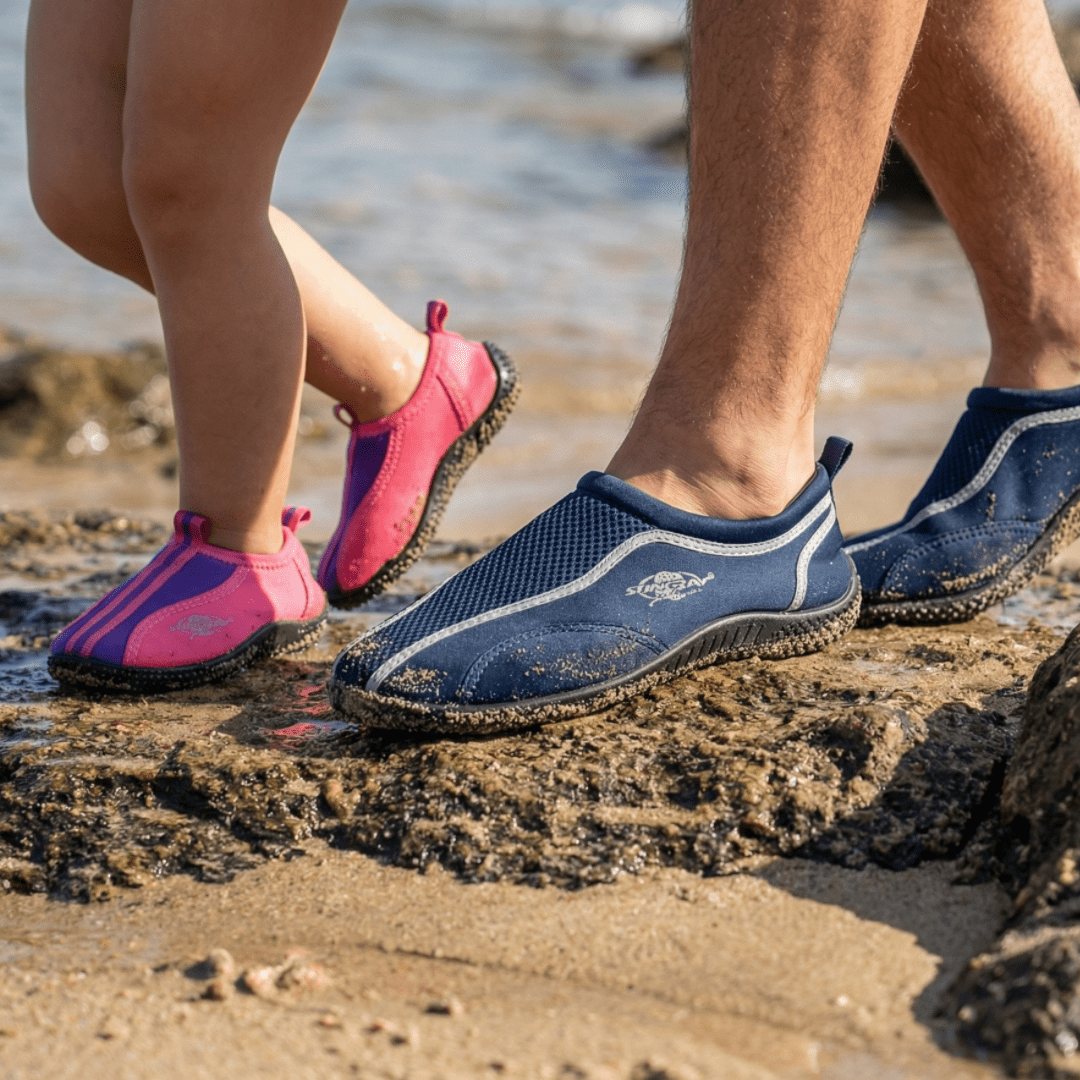 Toddler and adult wearing rock shoes that are made with UPF 50+ fabric 