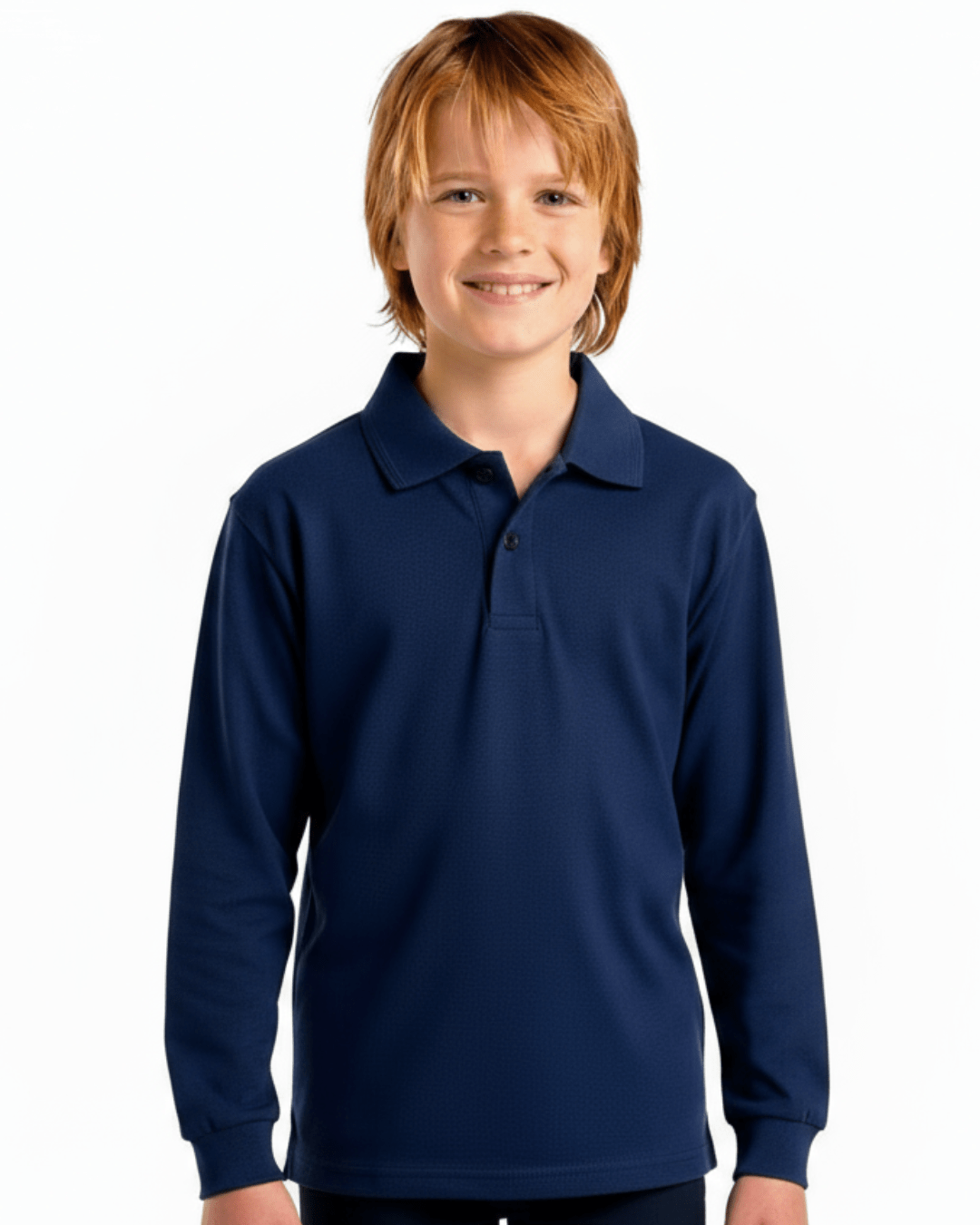 Boy wearing a navy long-sleeve UPF 50+ polo shirt on a white background