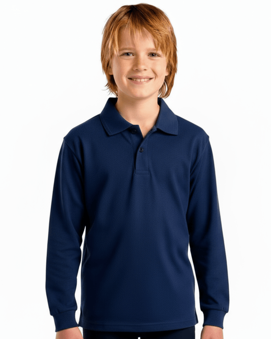 Boy wearing a navy long-sleeve UPF 50+ polo shirt on a white background