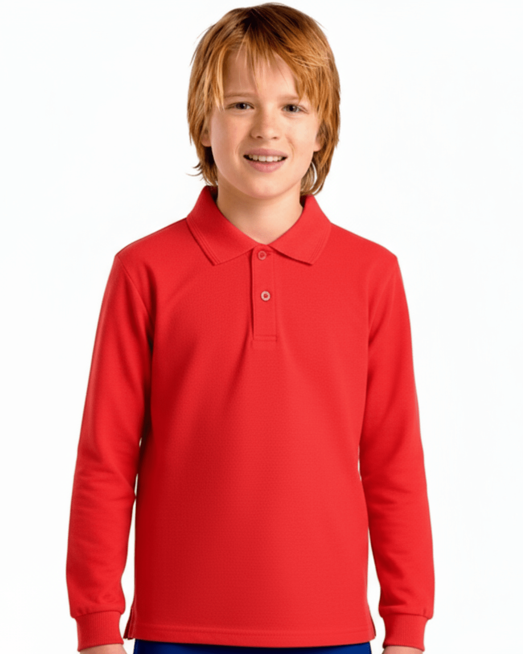 Boy wearing a red long-sleeve UPF 50+ polo shirt on a white background