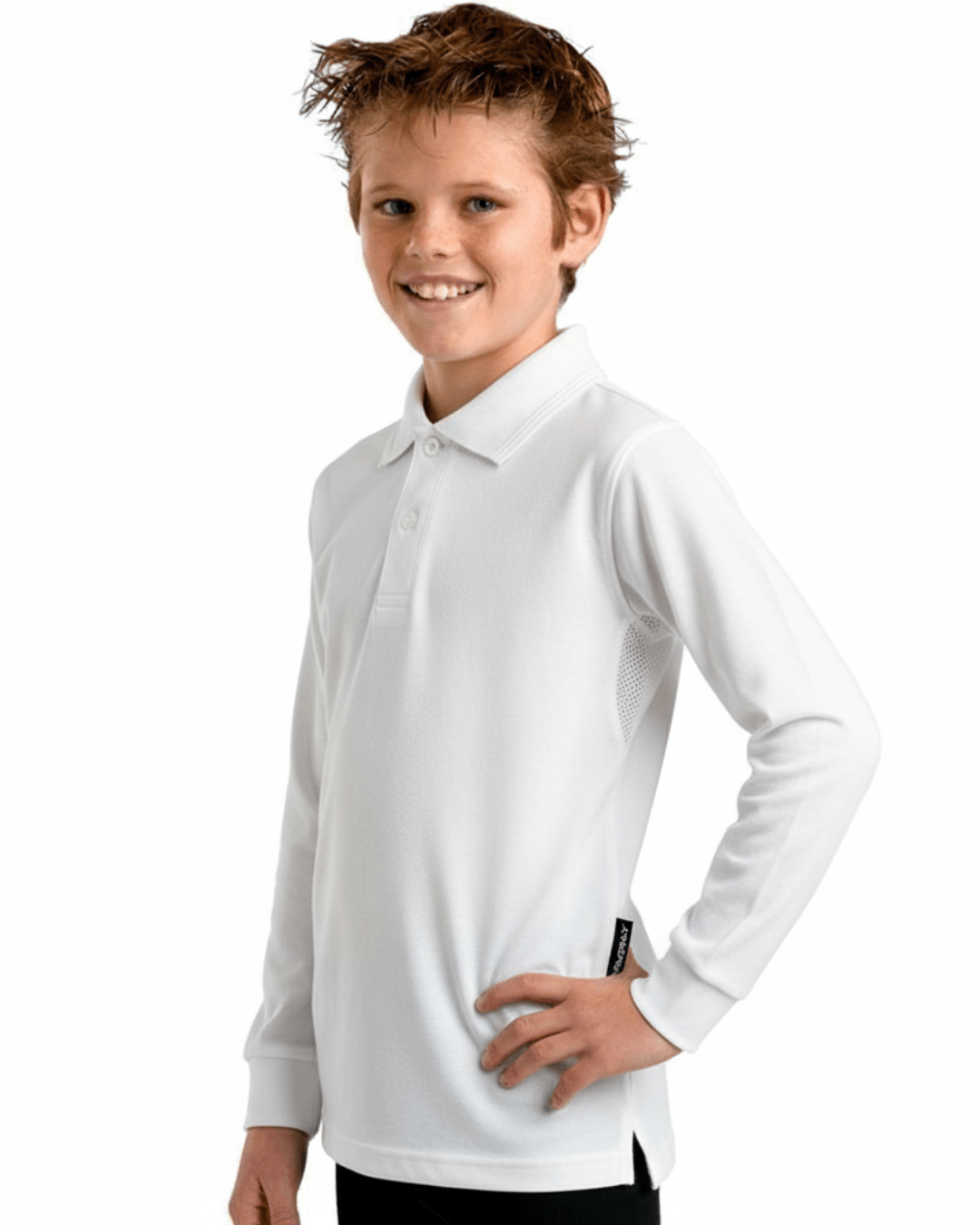 Boy wearing a white long-sleeve UPF 50+ polo shirt on a white background