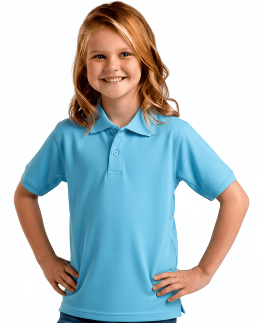 Young girl wearing a light blue UPF 50+ polo shirt on a white background