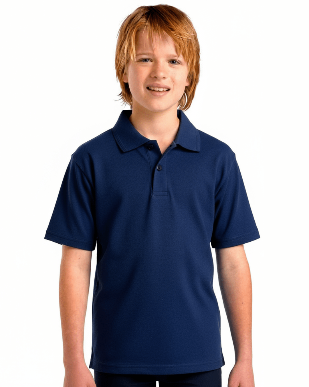 Boy wearing a navy blue UPF 50+ short sleeve polo shirt on a white background