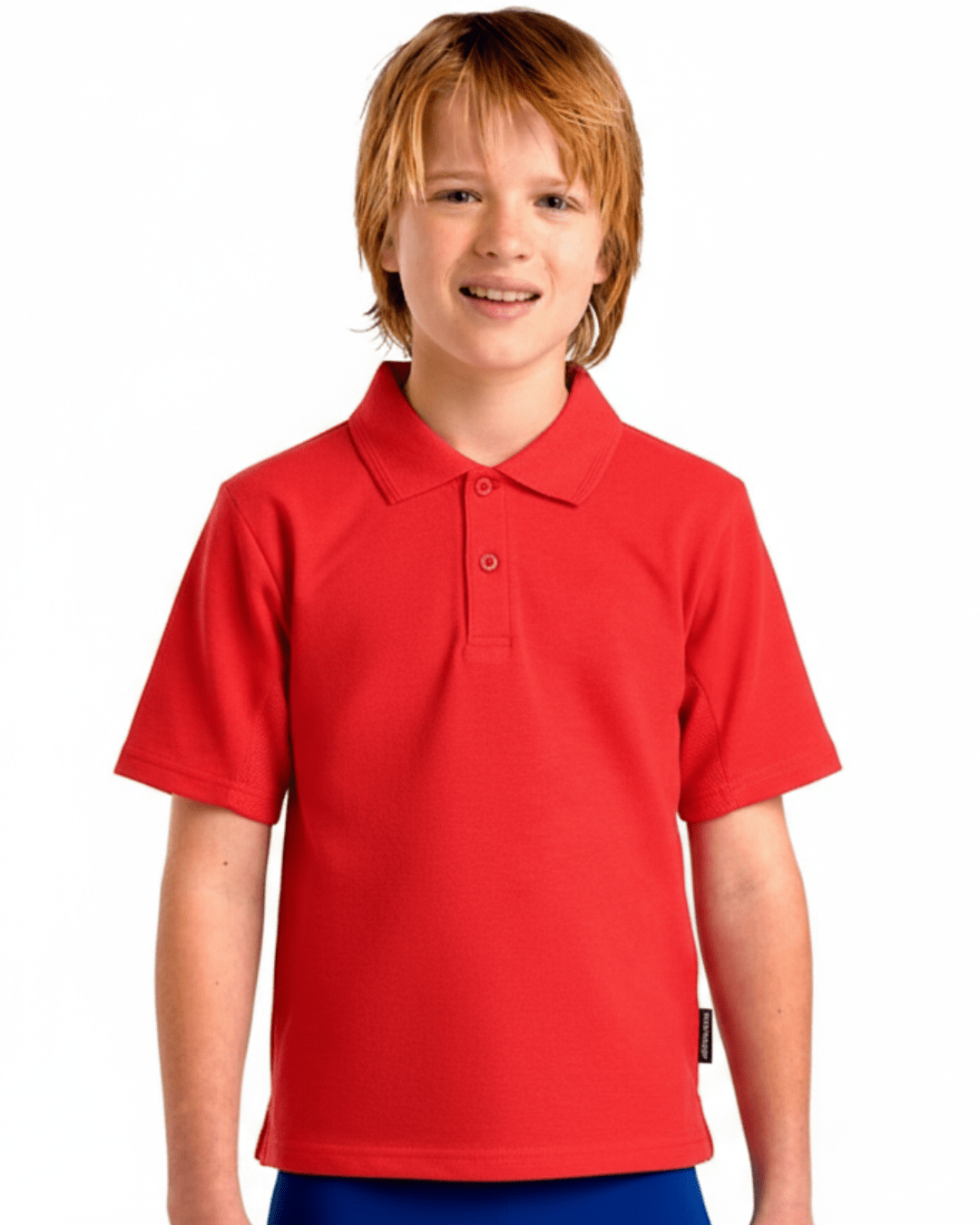 Child wearing a red UPF 50+ polo shirt on a white background