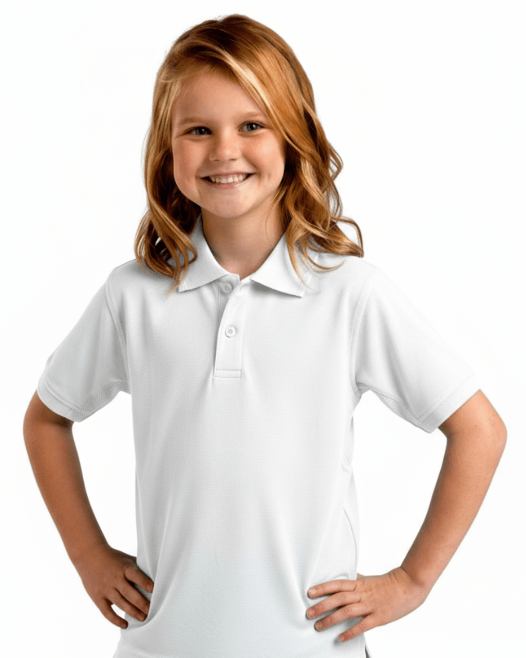 Young girl wearing a white UPF 50+ polo shirt on a white background