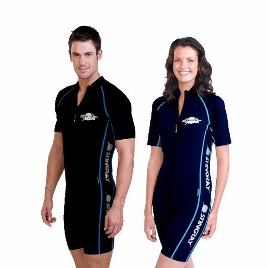 Man and woman wearing the Stingray Unisex Adult Short Sleeve Sunsuit in Sport Style in black and navy. UPF 50+ rated to provide the best UV sun protection.