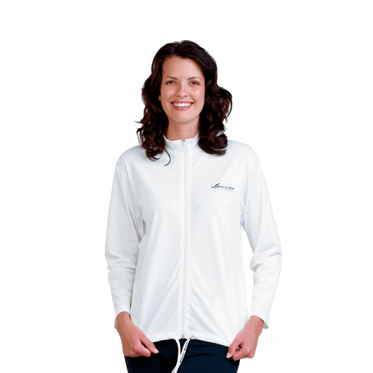 Woman wearing the Stingray white durable, quick-drying UPF 50+ long sleeve jacket offering maximum sun protection for outdoor and everyday use.