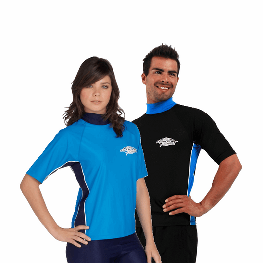 Man and woman wearing the Stingray adult unisex short sleeve rash shirt in azure blue and black. This swimsuit is UPF 50+ rated to provide the best UV sun protection. 