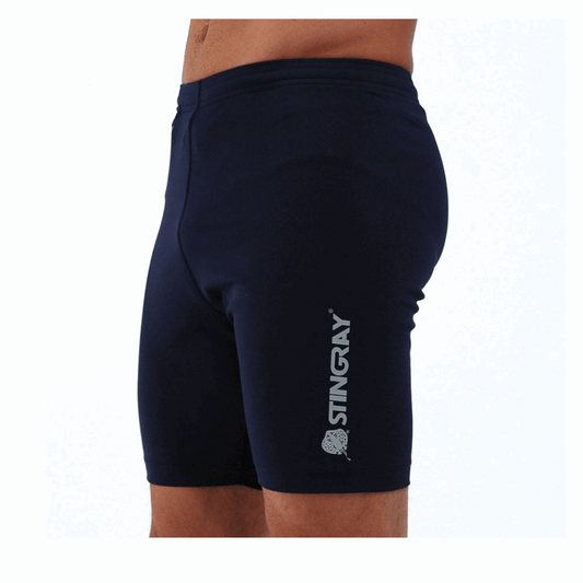 Man wearing the best navy dual logo Stingray Men's Swim Shorts UPF 50+, made from chlorine-resistant fabric and providing excellent sun protection for swimming and outdoor activities.