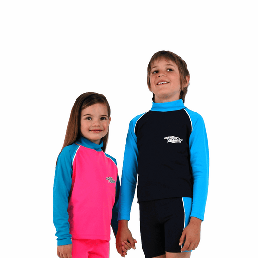 Boy and girl wearing the Stingray Unisex Kids Long Sleeve Rash Shirt in pink and azure blue, black and azure. This swim shirt is UPF 50+ rated to provide the best UV sun protection.