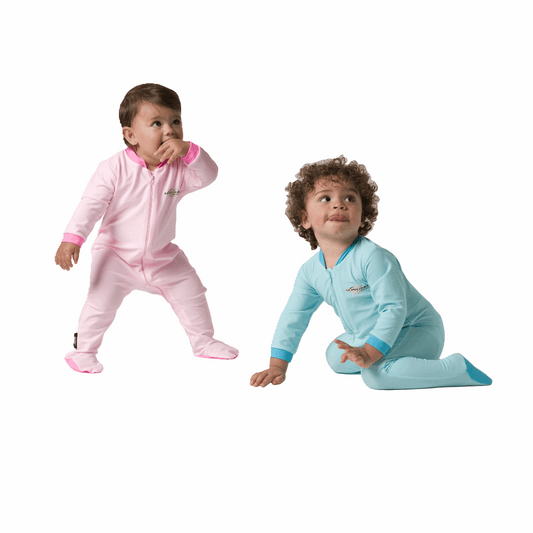 Baby and toddler wearing the best topaz blue and pink Stingray Baby Full-Body Stinger Sunsuit with the best UPF 50+ sun protection, covering arms, legs, and feet. Made from chlorine-resistant fabric.