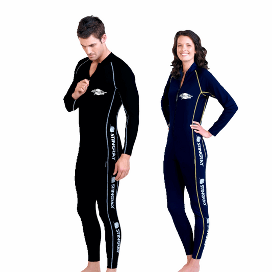 Man and woman wearing the Stingray Unisex Adult Full-Body Stinger Sunsuit in Sport Style in black and navy, rated UPF 50+ to provide the best sun protection.