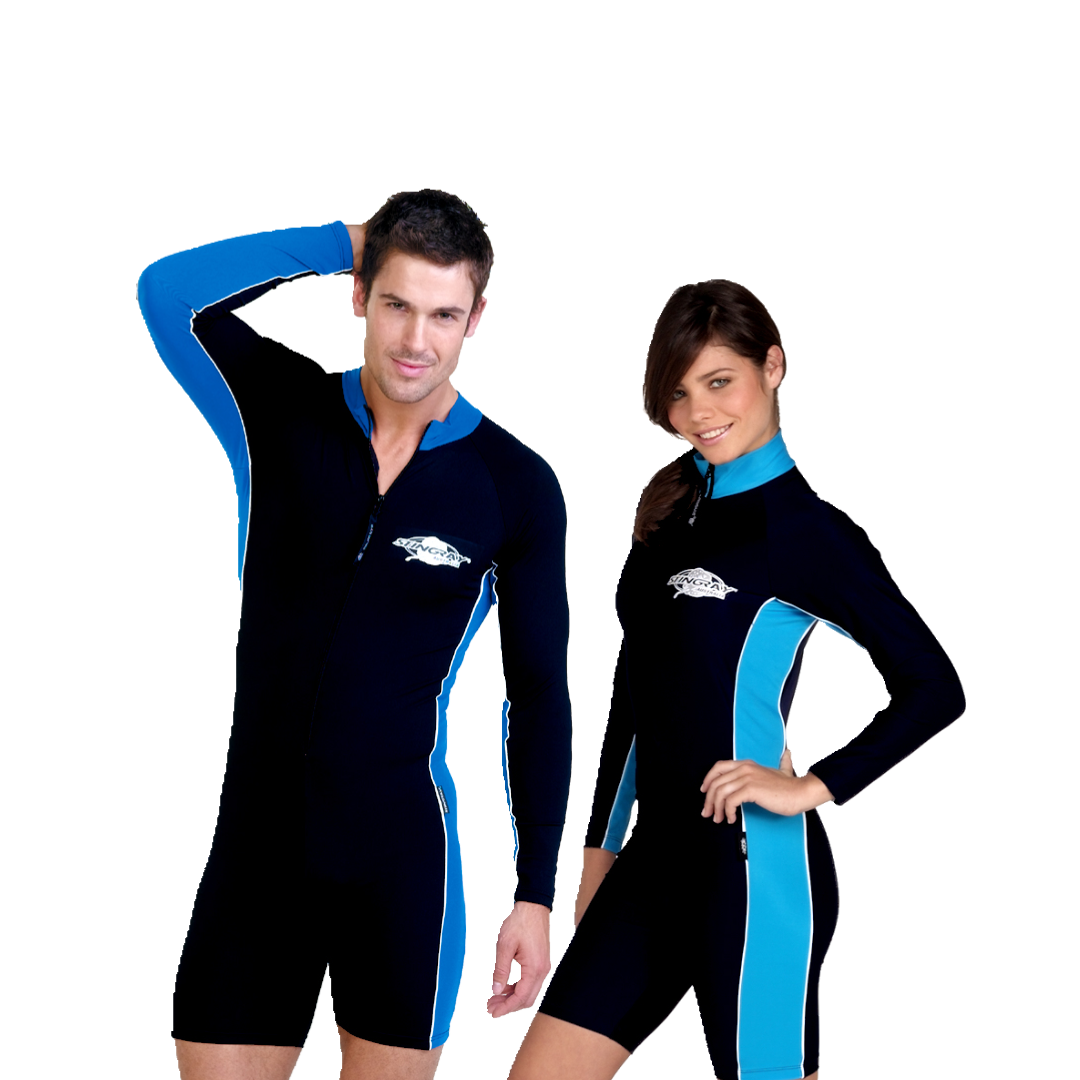 Man and woman wearing the Stingray Unisex Adult Long Sleeve Sunsuit in black and navy. Rated UPF 50+, this swimsuit provides the best UV sun protection.