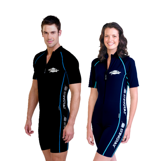 Man and woman wearing the Stingray Unisex Adult Short Sleeve Sunsuit in Sport Style in black and navy. UPF 50+ rated to provide the best UV sun protection.