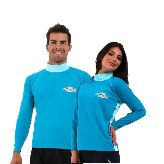 Man and woman wearing the Stingray Unisex Adult Long Sleeve Rash Shirt topaz and aqua. This Swim Shirt is UPF 50+ rated to provide the best UV sun protection.