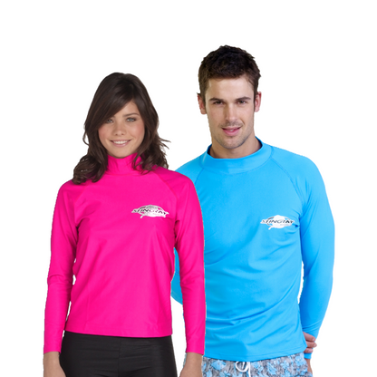 Man and woman wearing the Stingray fuchsia and blue unisex long sleeve rash shirt with UPF 50+ for the best sun protection. Made from chlorine-resistant fabric for swimming and outdoor activities. Available in plus sizes.