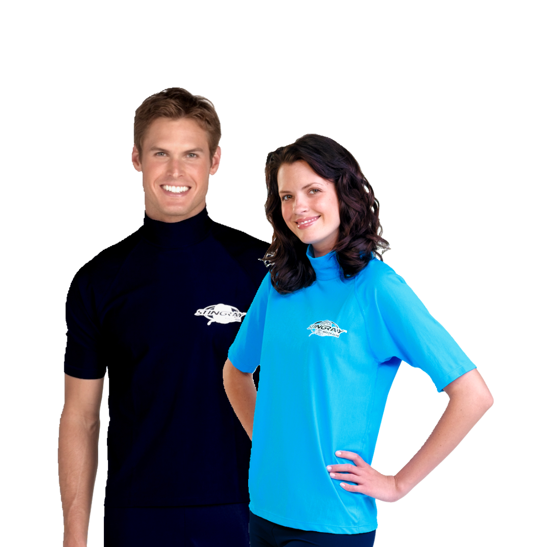 Man and woman wearing the Stingray Unisex Adult Short Sleeve rash shirt in navy blue and azure. This swim shirt is UPF 50+ rated to provide the best UV sun protection.