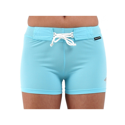 Woman wearing the best aqua Stingray Women's Front Lace Shorts, offering UPF 50+ sun protection and a stylish, functional design.