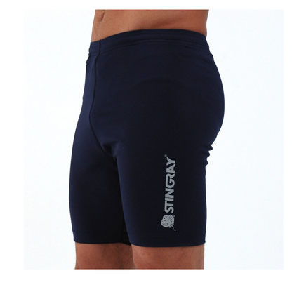 Man wearing the best navy dual logo Stingray Men's Swim Shorts UPF 50+, made from chlorine-resistant fabric and providing excellent sun protection for swimming and outdoor activities.