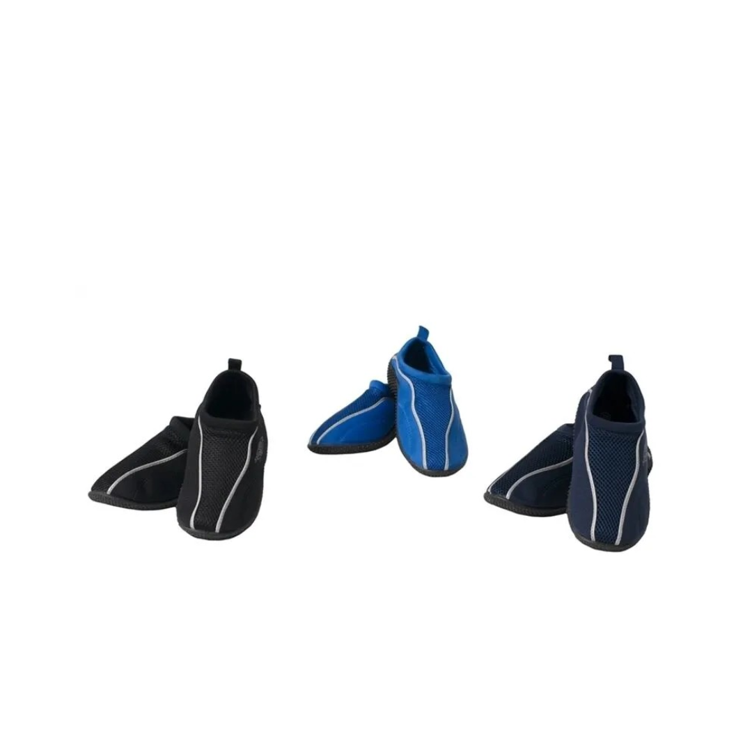 Best Stingray Beach Shoes with UPF 50+ protection, made from neoprene fabric and sturdy rubber soles for beach and water activities. Picture showing black, navy and royal blue