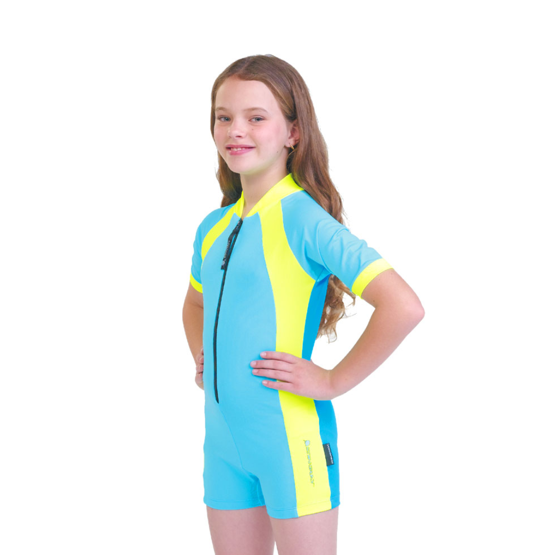 Girl wearing the best aqua yellow and azure Stingray Girls' Active Sunsuit UPF 50+ in three-tone design. This swim suit comes with a front zip for comport and full-body coverage for maximum sun protection.