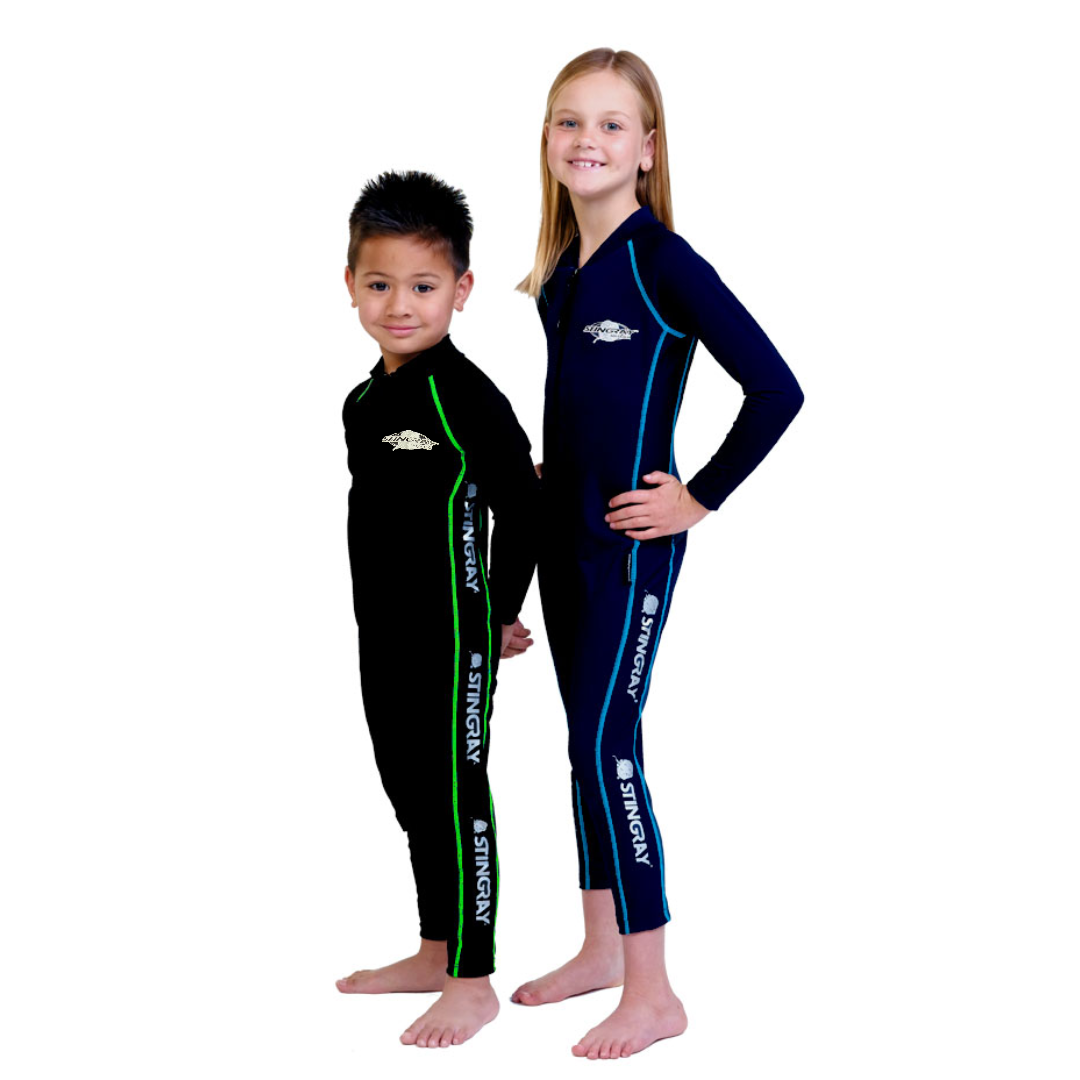 Boy and girl wearing the Stingray Unisex Children's Long Sleeve Sunsuit in Sport Style in black and navy. This swimsuit is UPF 50+ rated to provide the best UV sun protection.