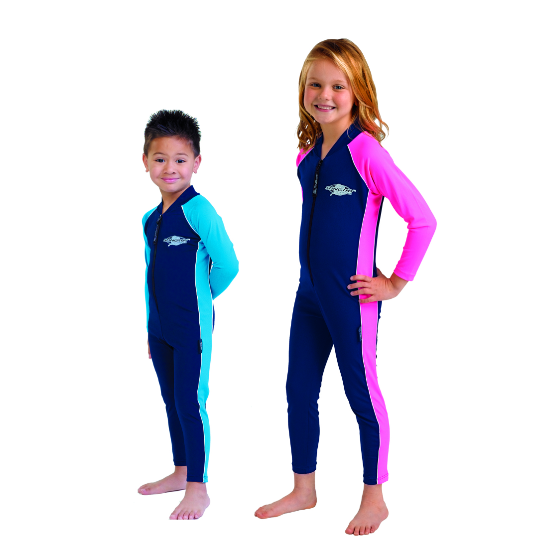 Boy and girl wearing the Stingray Unisex Kids' Full-Body Stinger Sunsuit in navy and azure. This swimsuit is UPF 50+ rated providing the best UV sun protection.