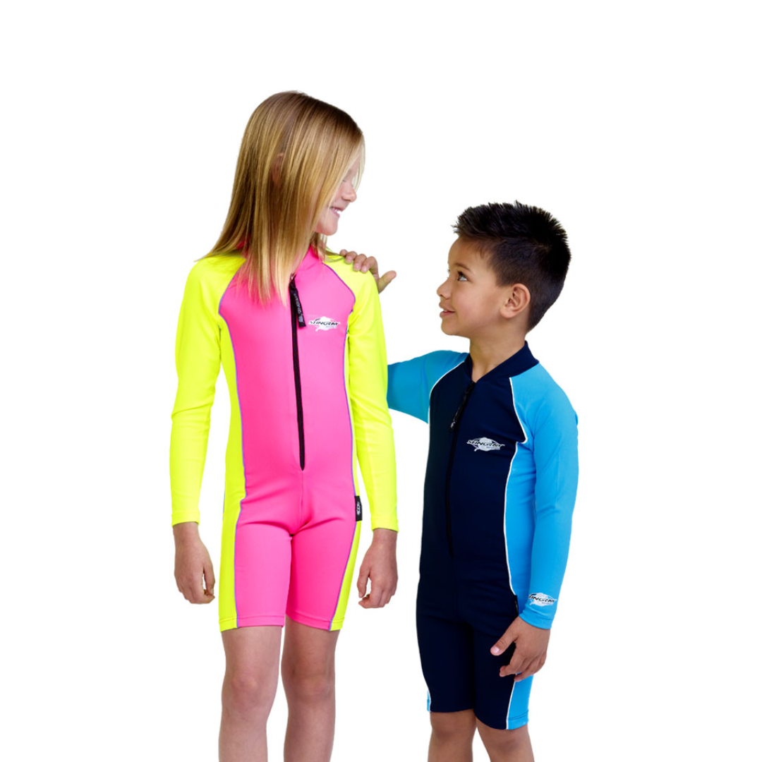 Boy and girl wearing the Stingray Unisex Kids Long Sleeve Sunsuit in pink and yellow, navy and azure. This swimsuit is UPF 50+ rated to provide the best UV sun protection.