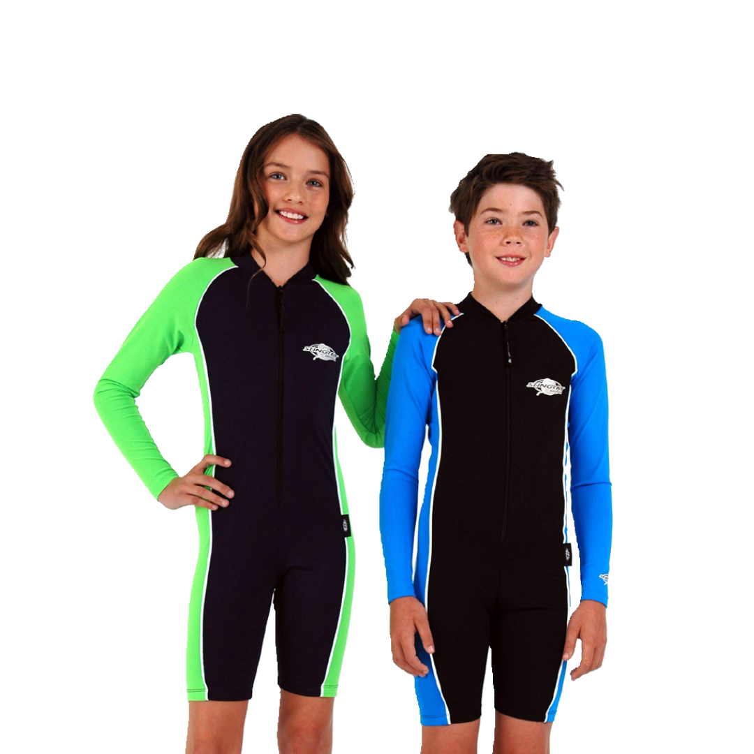 Boy and girl wearing the Stingray Unisex Kids Long Sleeve Sunsuit in navy and lime green, navy and azure. This swimsuit is UPF 50+ rated to provide the best UV sun protection.